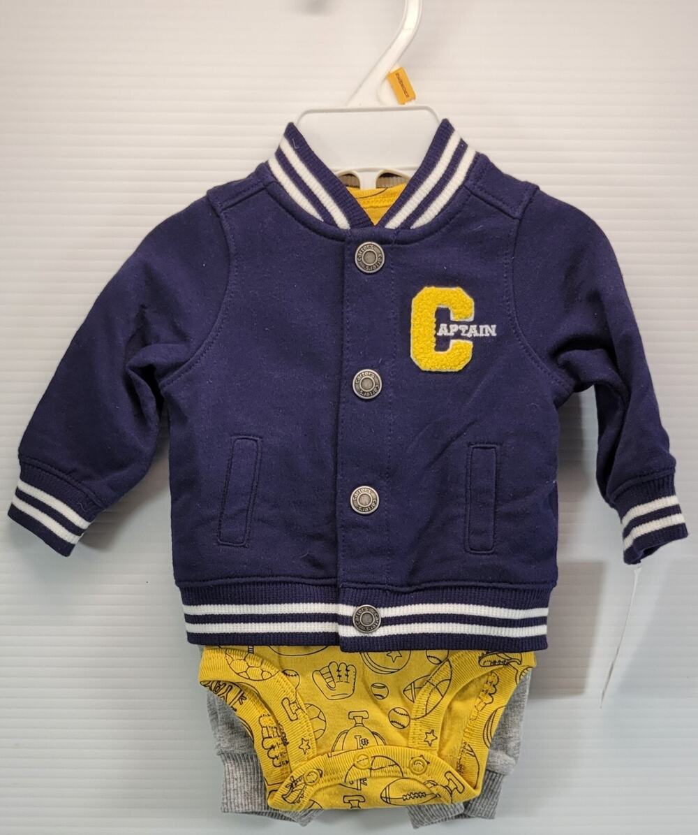 N) Carter's Baby 3-Piece Newborn Sports Captain Little Blue Varsity Jacket Set - Picture 1 of 7
